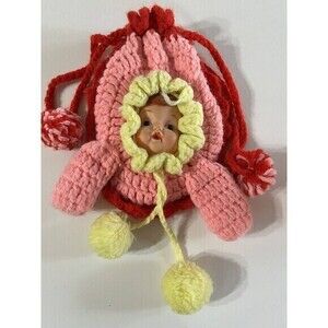 Vintage Crochet Knit Baby Doll Head Face Bag Handmade Pink Yellow Pom Pom